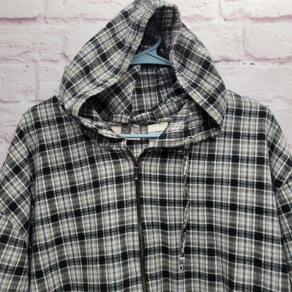 Faded Glory Plaid Hoodie Womens 26W/28W Pullover‎ Lightweight Grunge Y2K Skater